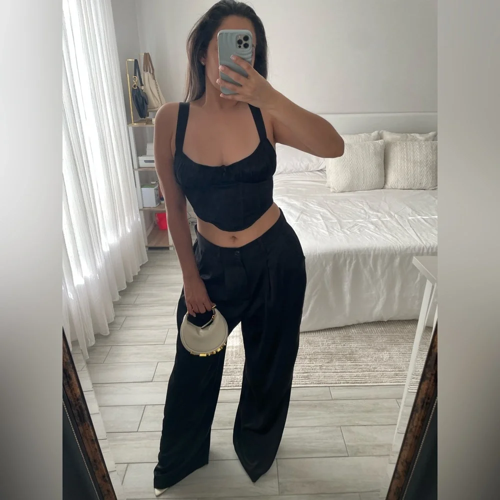 ASOS Black Silk Wide Leg Pants + Zara Black Corset Top // TWO PIECE SET - Picture 6 of 13
